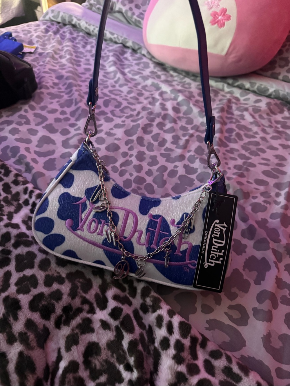 Von Dutch White and Blue Logo Shoulder Bag with Charm Chain